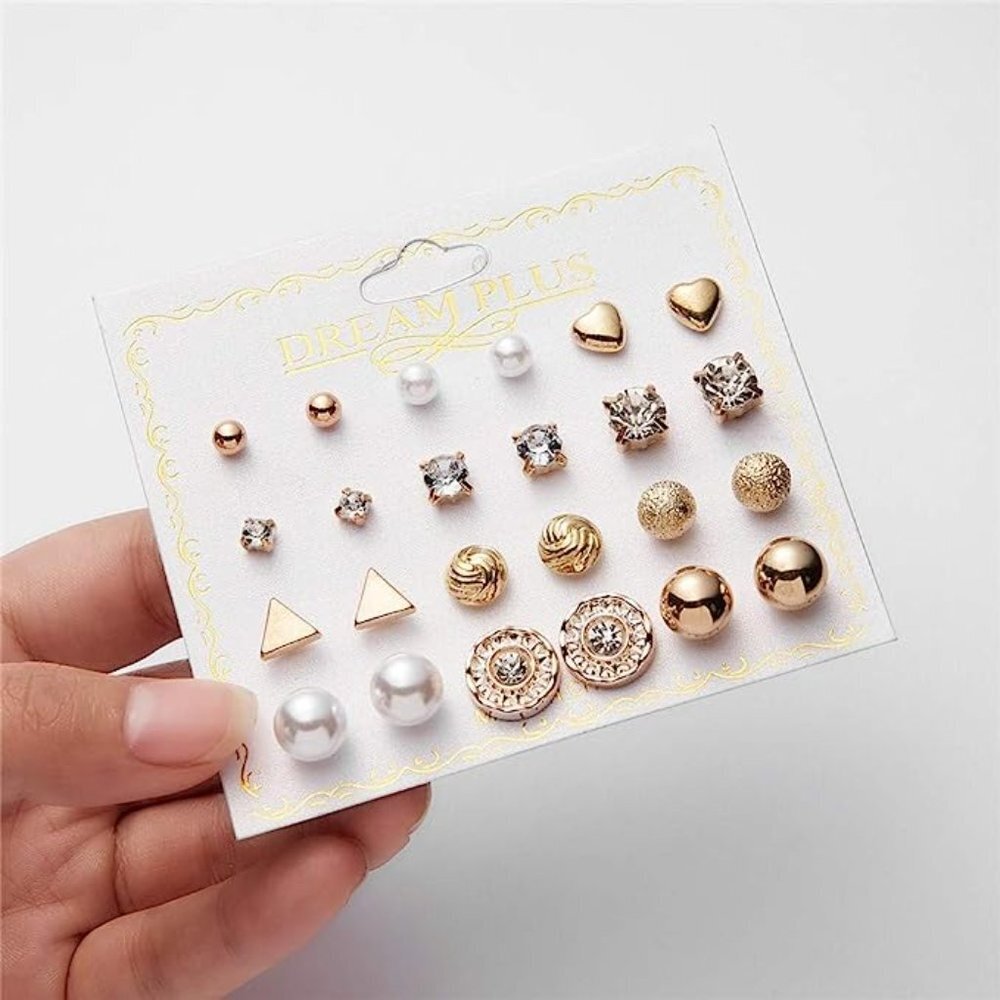 😍12 PAIR 14K GOLD SILVER SIMPLE CLASSIC CRYSTAL PEARL SPARK STUD EARRINGS, F273 - Picture 9 of 12